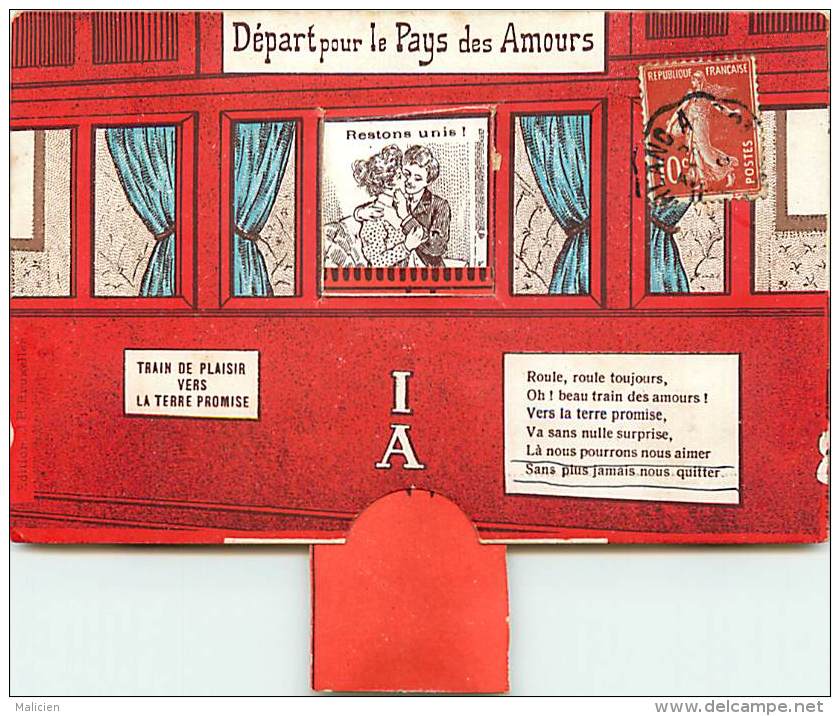 - Ref -L 314 - Carte A Systeme -  Depart Pour Le Pays Des Amours - Train De Plaisir Vers La Terre Promise - Trains - - Autres & Non Classés