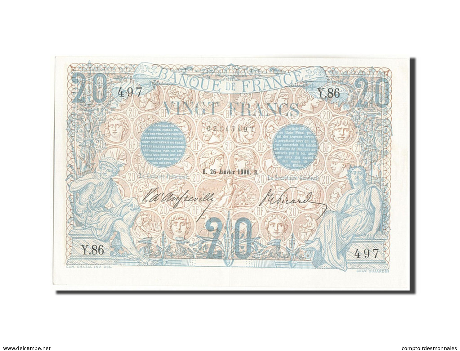 Billet, France, 20 Francs, 20 F 1905-1913 ''Bleu'', 1906, 1906-01-26, SPL+ - 20 F 1905-1913 ''Bleu''