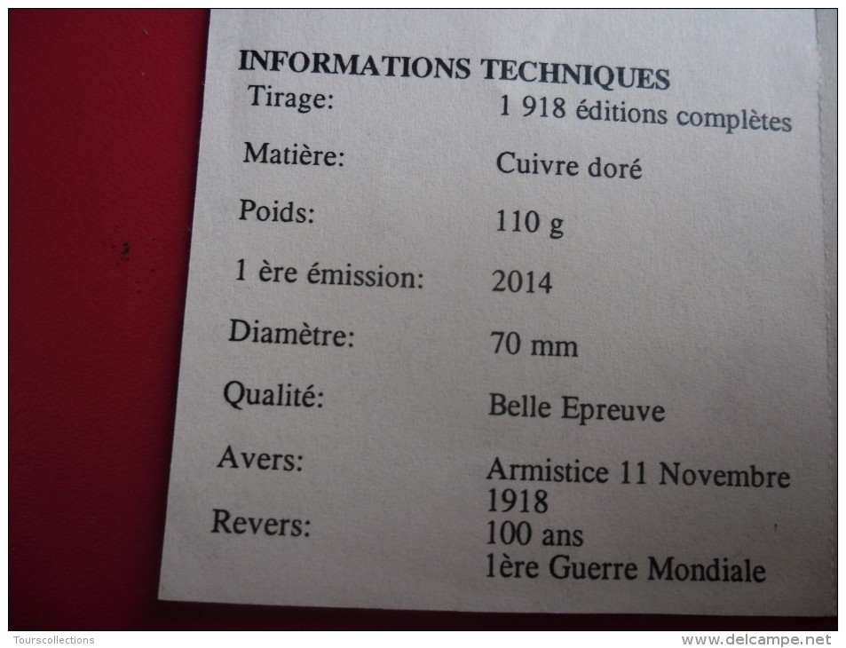 Médaille GUERRE MONDIALE 1918 Armistice @ 70 Mm De 110 Gr. Cuivre Doré à L´or 24 Carats @ 1918 Ex ! Belle Epreuve - Autres & Non Classés