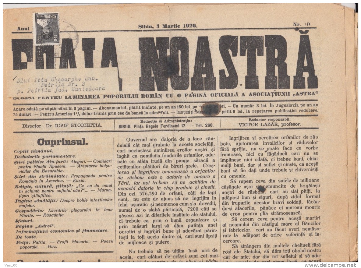 FOAIA NOASTRA, NEWSPAPER, ASTRA SIBIU, KING MICHAEL STAMP, 8 PAGES, BIG SIZE, 1929, ROMANIA - Autres & Non Classés