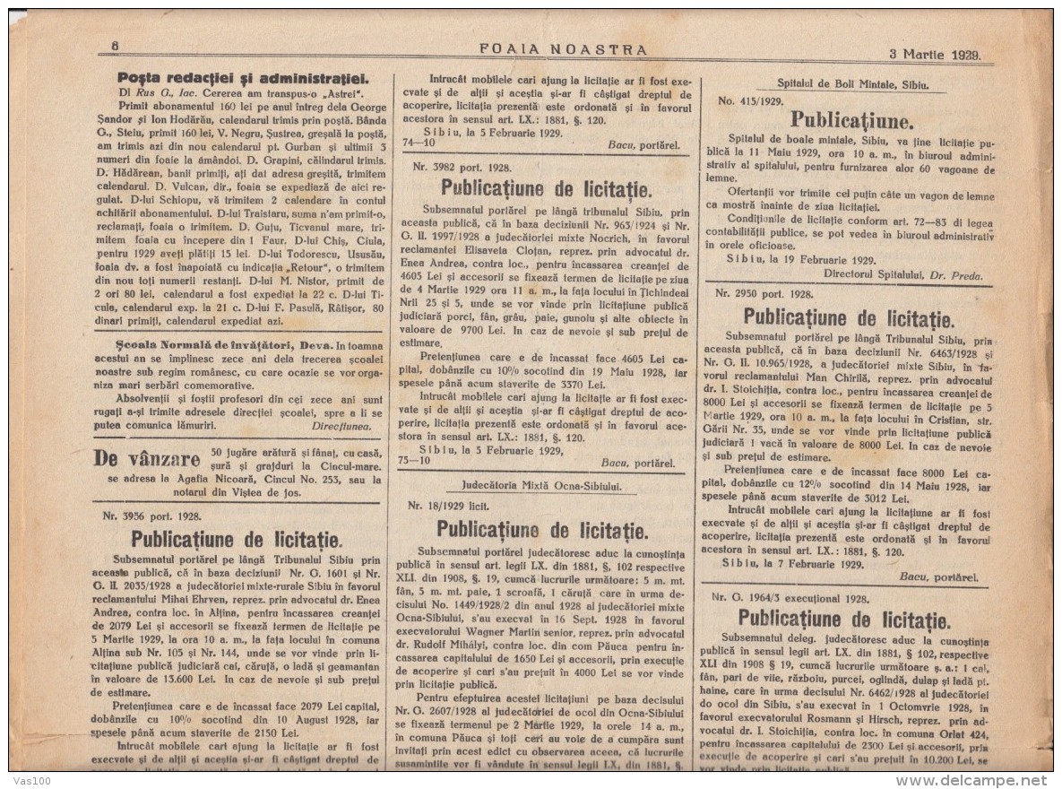 FOAIA NOASTRA, NEWSPAPER, ASTRA SIBIU, KING MICHAEL STAMP, 8 PAGES, BIG SIZE, 1929, ROMANIA - Autres & Non Classés