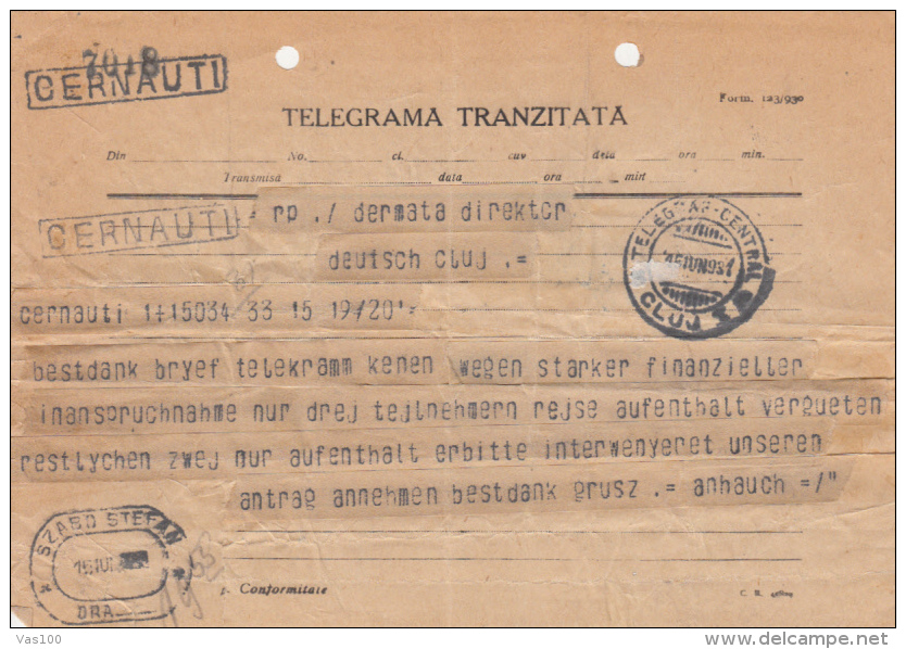 TELEGRAMME SENT FROM CERNAUTI TO CLUJ NAPOCA, WRITTEN IN GERMAN, 1931, ROMANIA - Télégraphes