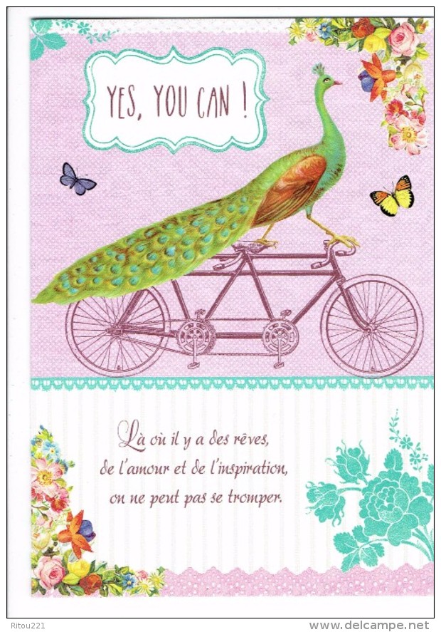 Double Carte Fantaisie - Paon Sur Un Vélo Tandem Bicyclette - Papillon - - Animaux Habillés