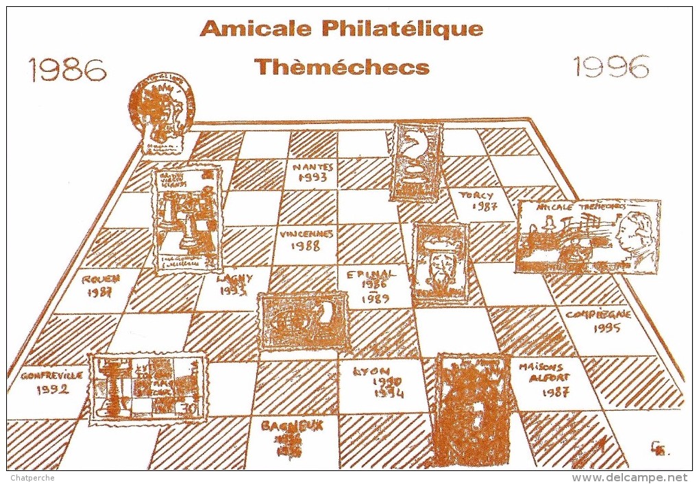 ECHEC ECHECS CHESS AMICALE PHILATÉLIQUE 1986 / 1996 THEMECHECS BAGNEUX 92 NON ECRITE - Chess