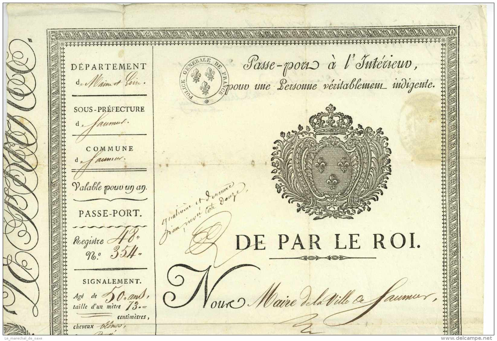 Pierre-Francois PERON (1769-1840) Aventurier / P. Brillet De VILLEMORGE (1770-1836) Maire D'Angers - Passeport Saumur 18 - Historische Dokumente