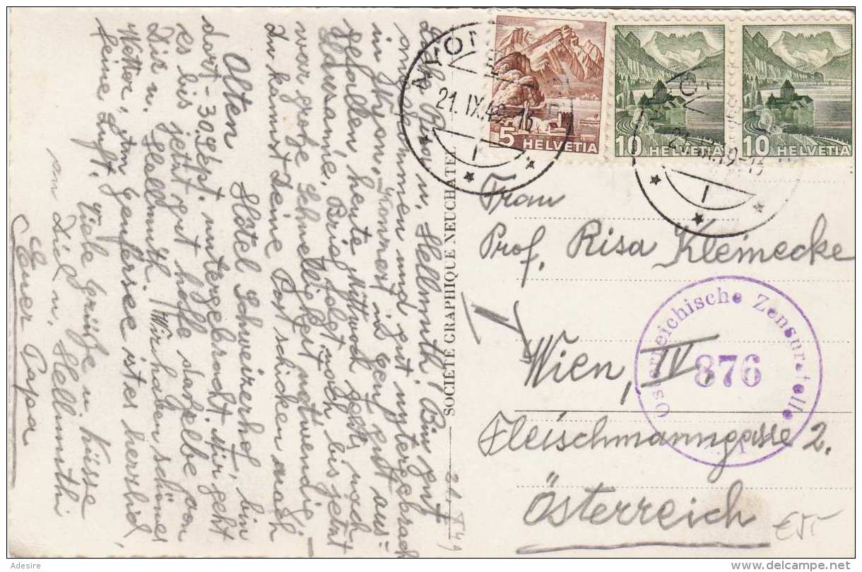 Schweiz 1949 - 5 + 2 X 10 C Frankierung + Zensurstempel Auf Ak (NYON Vu Du Lac, Dampfschiff) Gel.v.Nyon &gt; Wien - Briefe U. Dokumente