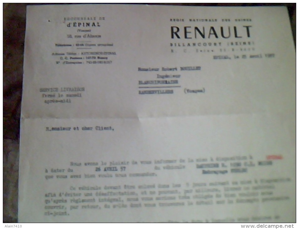 Vieux Papiers Lettre A Entete Regie Nationale Des Usines  Renault A Billancourt Succursale D Epinal  Annee  1957 - Autres & Non Classés