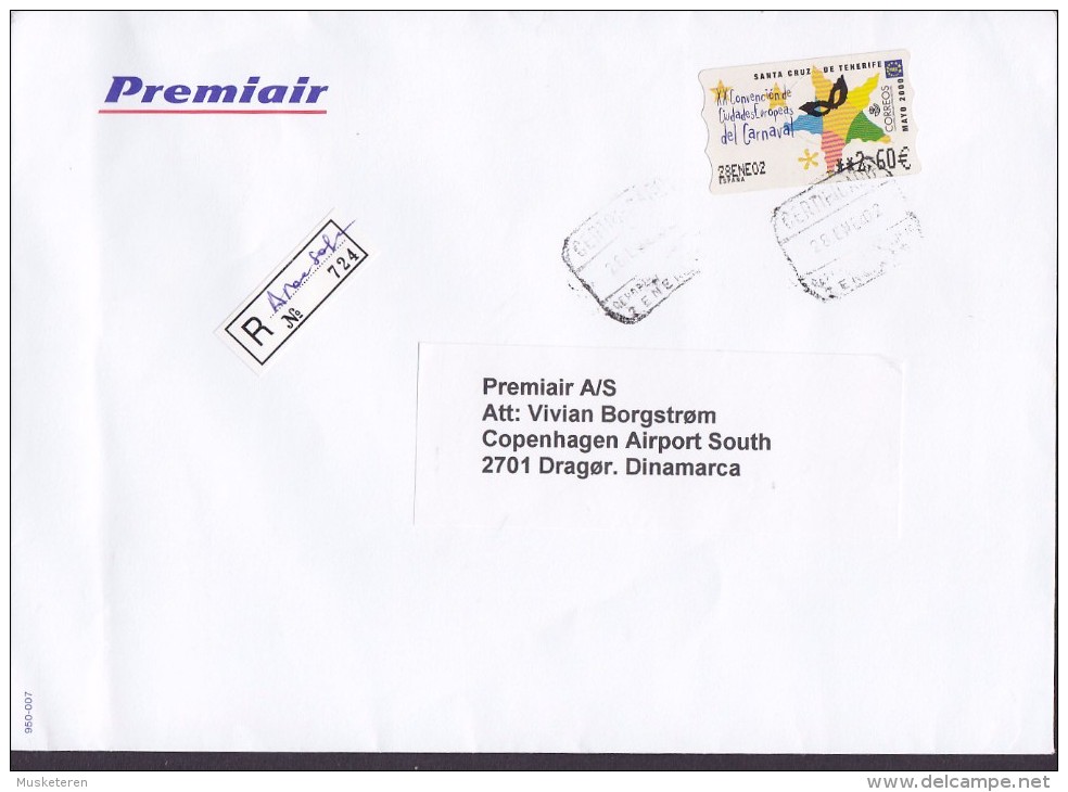 Spain PREMIAIR Registered Certificado Label AEROPUERTO Reina Sofia TENERIFE 1997 Cover Letra ATM / Frama Carnaval - Maschinenstempel (EMA)