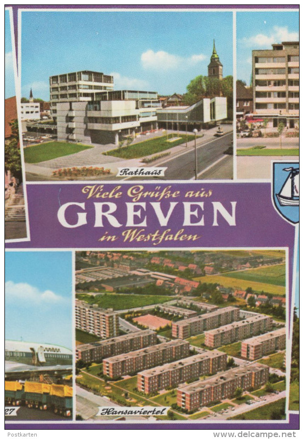 ÄLTERE POSTKARTE VIELE GRÜSSE AUS GREVEN IN WESTFALEN HANSAVIERTEL FLUGHAFEN BOEING 727 CONDOR Postcard Ansichtskarte AK - Greven