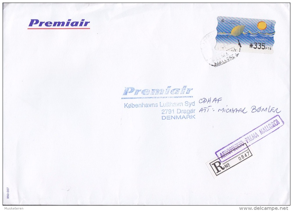 Spain PREMIAIR Registered Certificado Label AEROPUERTO Palma MALLORCA 1995 Cover Letra Denmark ATM / Frama Label Natural - Maschinenstempel (EMA)