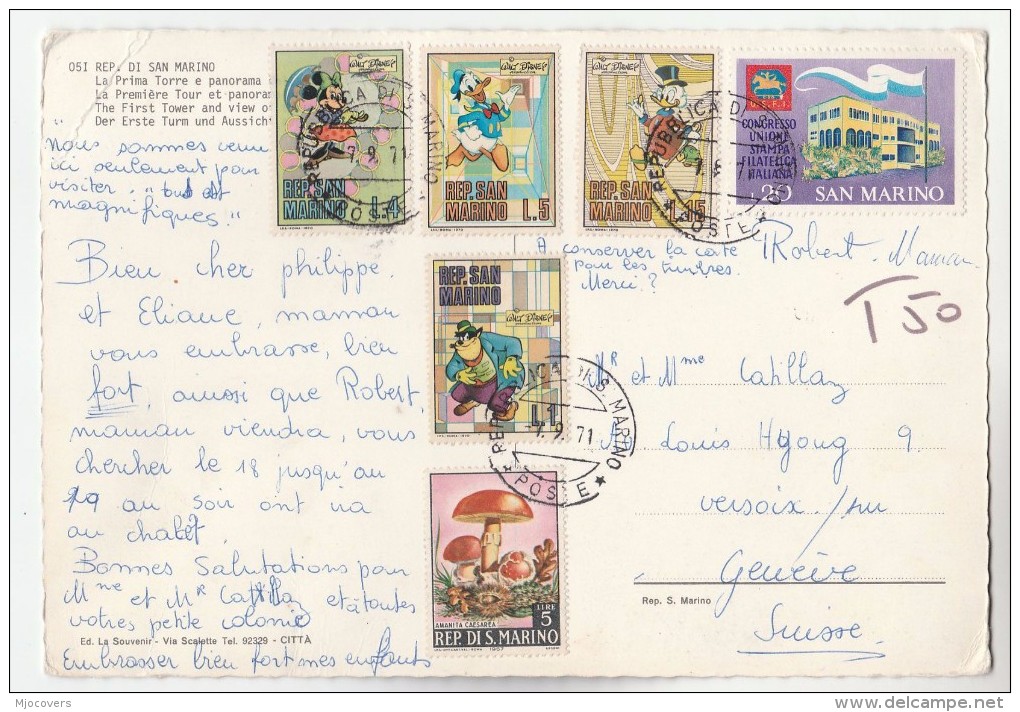 1971 SAN MARINO COVER To SWITZERLAND  T 50 UNDERPAID Stamps  DISNEY CARTOON MUSHROOM  PHILATELIC CONGRESS Fungi Card - Covers & Documents