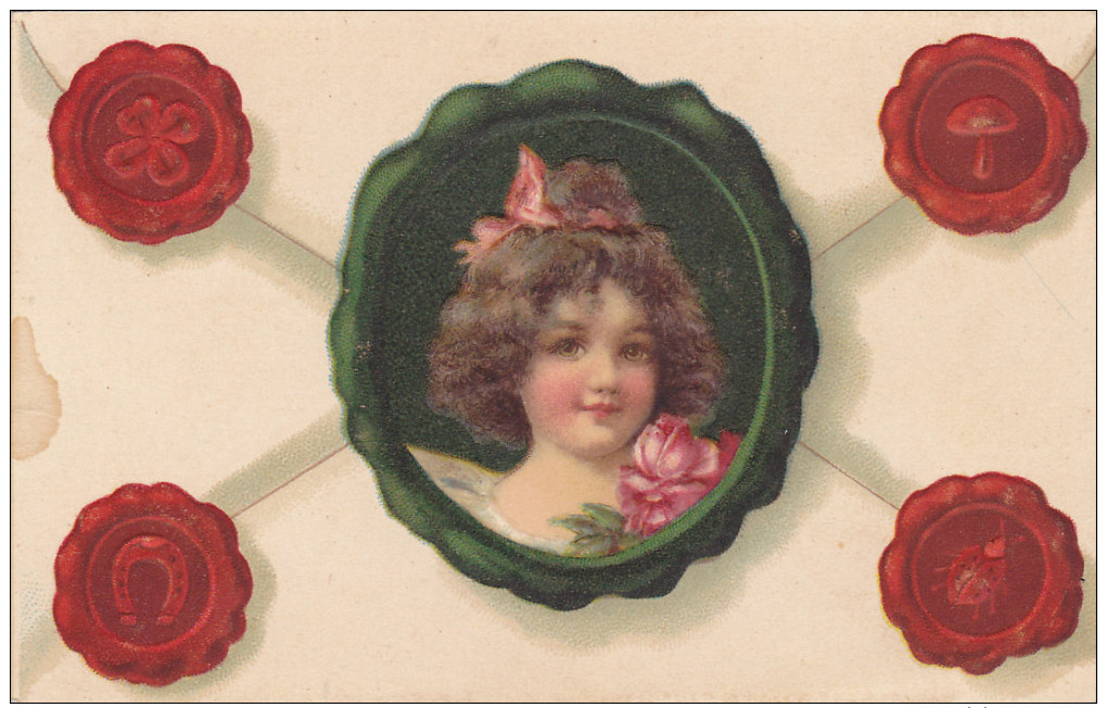 Face Of Brunette Little Girl On An Envelope, Four Seals, Shamrock, Horseshoe, Mushroom & Lady Bug, Pink Rose, 00-10s - Altri & Non Classificati