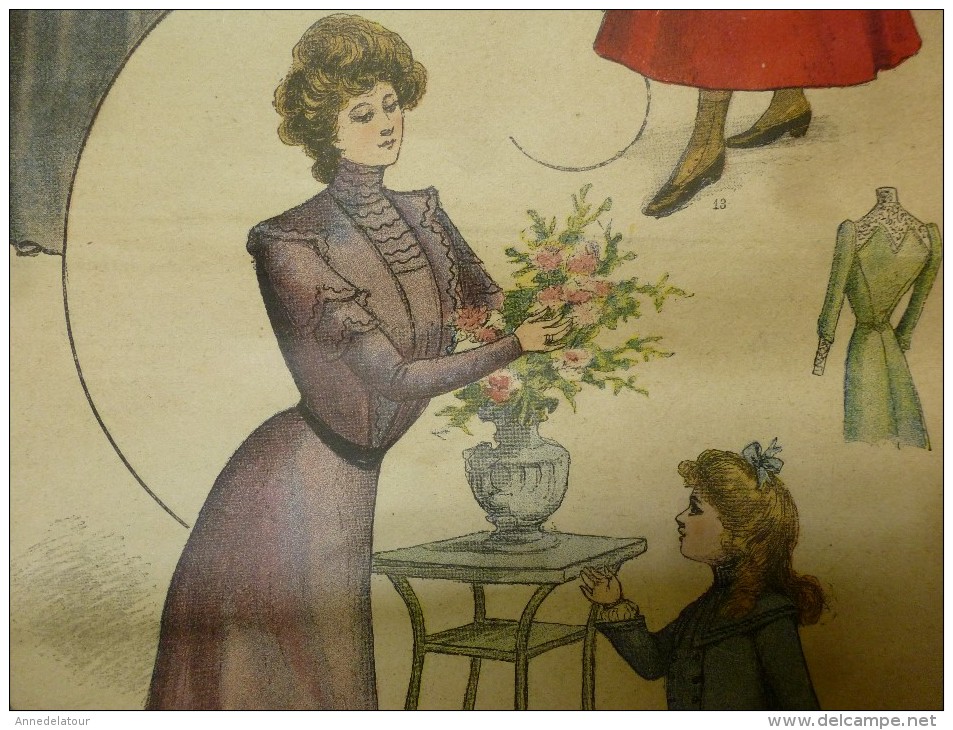 1901 La MODE du Petit Journal ELEGANTE TOILETTE DE DEMI-DEUIL ,TOILETTE POUR JEUNE FILLE grav couleurs  d-page et une