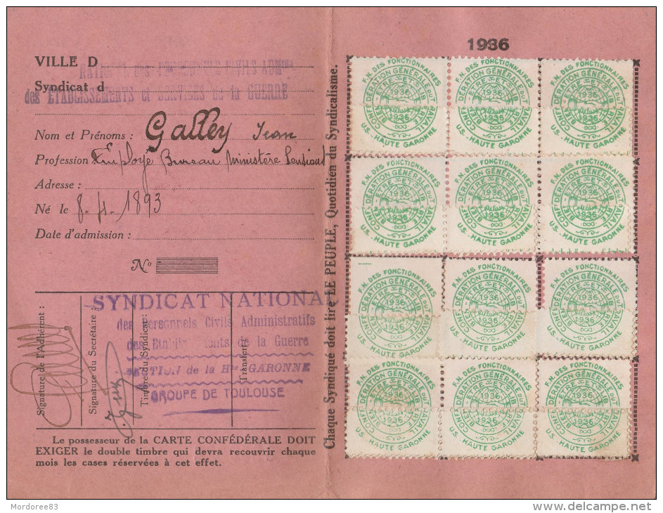 CARTE CONFEDERALE CGT 1936 FEDERATION DE L AIR GUERRE ET MARINE TOULOUSE                      TDA109 - Other & Unclassified