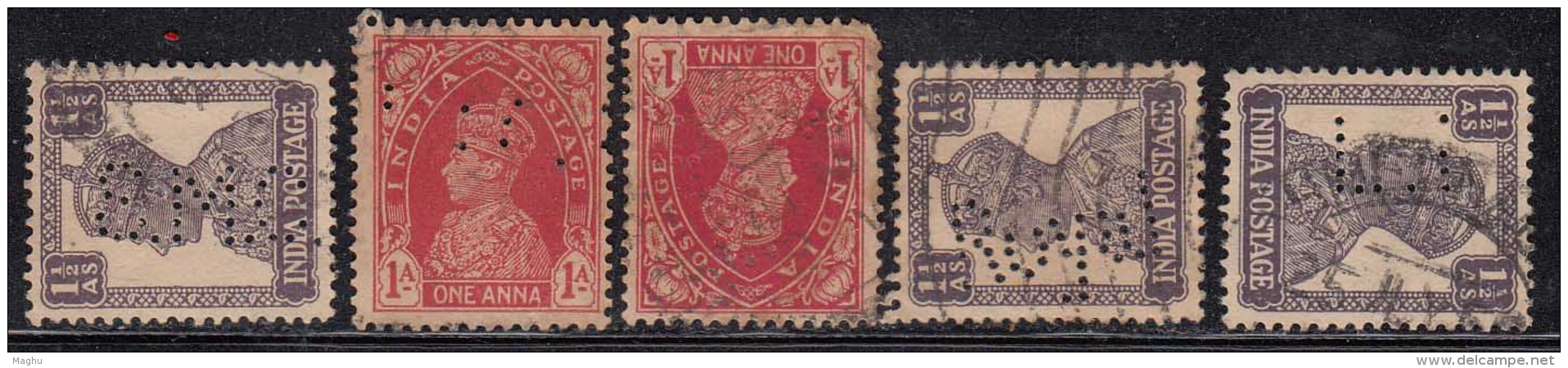 5 Perfins, Perfin, British India Used  KG VI Series - Perforiert/Gezähnt