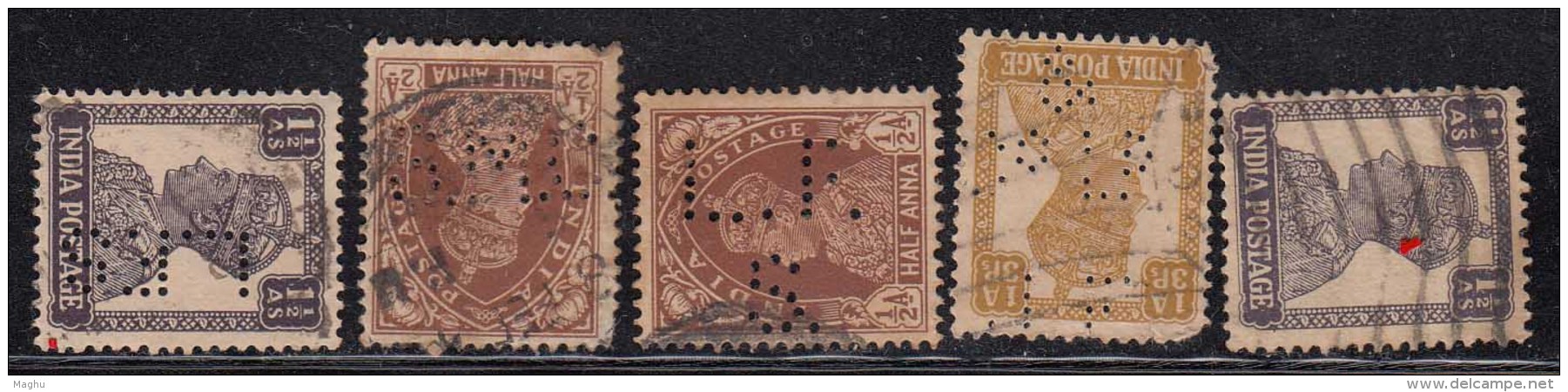 5 Perfins, Perfin, British India Used  KG VI Series - Perforiert/Gezähnt