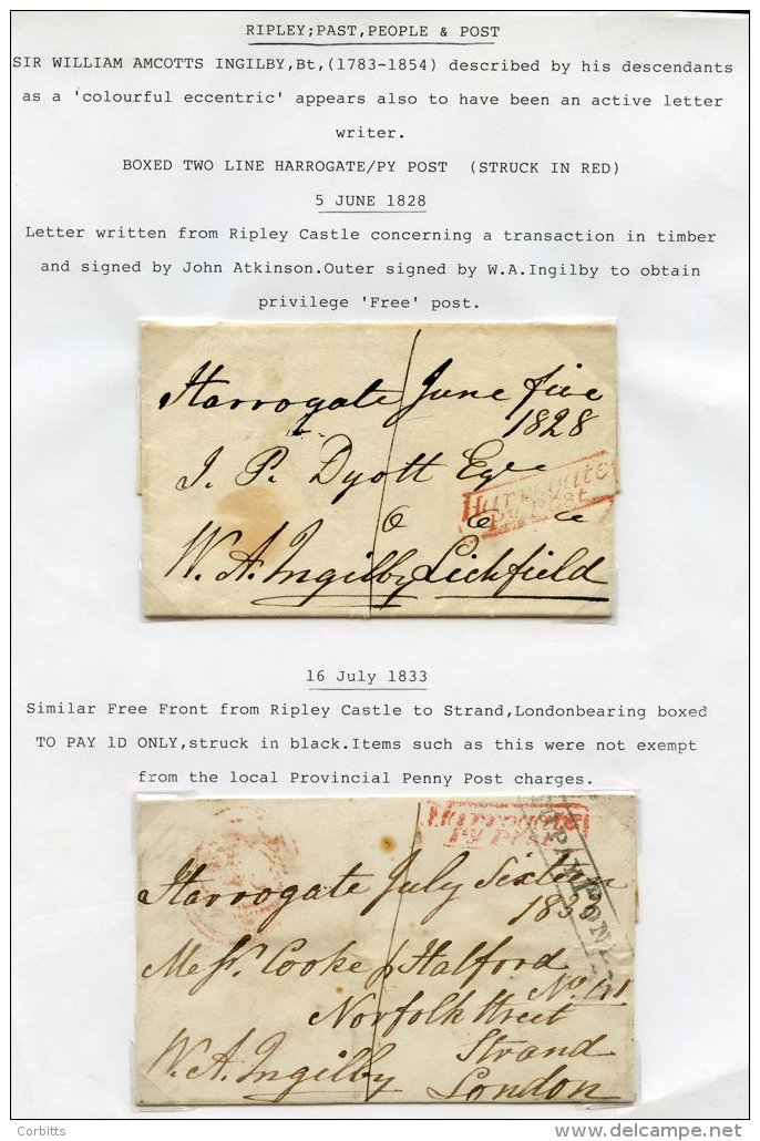 YORKSHIRE (HARROGATE) 1828 - Later Range Of Pre-stamp Covers (2) And Postcards (approx 29) Written Up On Leaves Incl. 18 - Autres & Non Classés