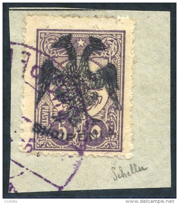 1913 5pi Slate-purple, VFU Tied To Small Piece, Signed Schiller &amp; Champion, Mi.10. (1) Cat. 1100&euro; - Autres & Non Classés