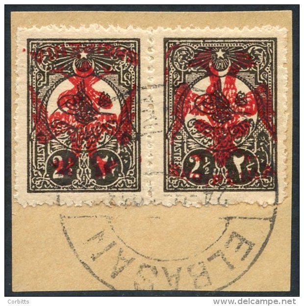1913 2&frac12;pa Brown Optd In Red, Horizontal Pair, VFU On Piece, 1st Stamp With Inverted Overprint. Very Scarce. Mi.9 - Autres & Non Classés