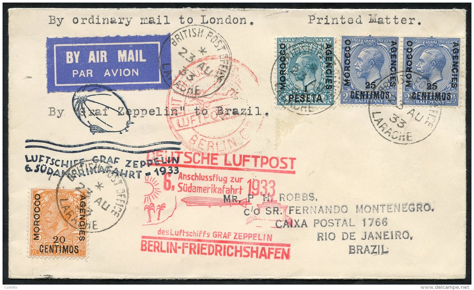 1933 6th South America Flight From Larache (Morocco Agencies), Franked 20c, 25c (2) &amp; 1p, Tied Larache C.d.s's, Red - Autres & Non Classés