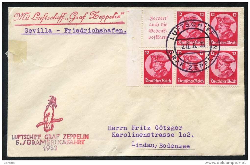 1933 5th South America Flight Cover, Franked Obverse Booklet Pane 12pf Frederick Pane Of Five + Label, Reverse 6pf Pane - Autres & Non Classés