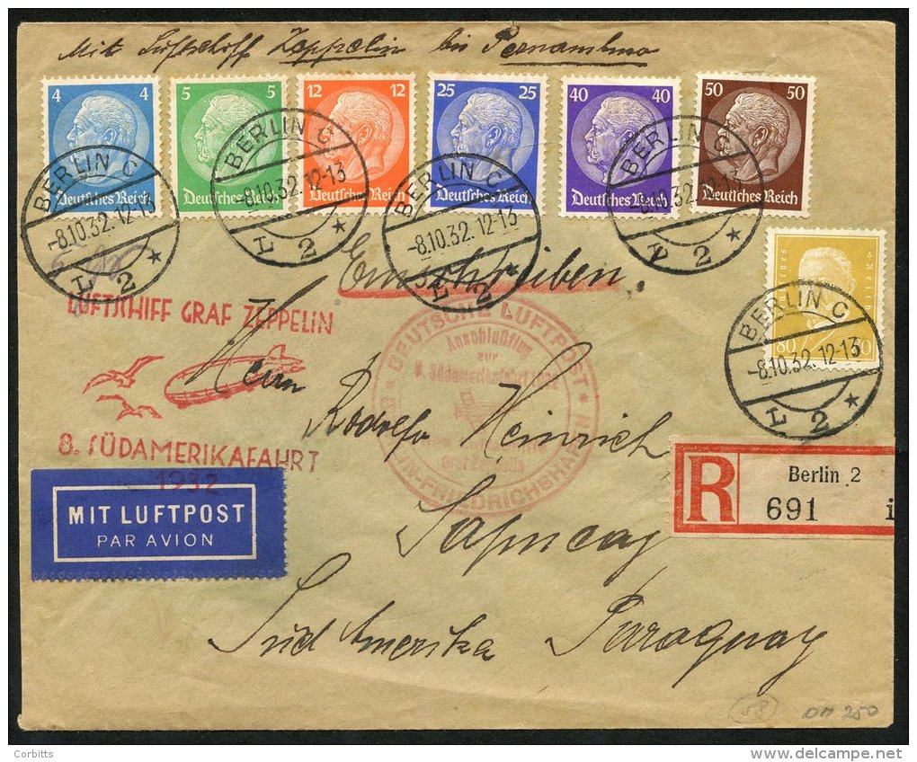 1932 8th South America Flight - Registered Envelope To Paraguay, Franked Hindenburg To 50pfg (60) + 80pfg Defin Cancelle - Autres & Non Classés