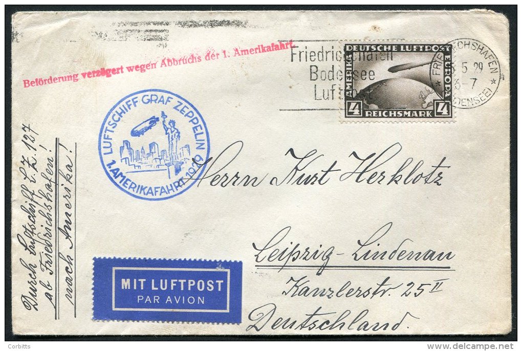 1929 First America Flight Cover, Franked 4m Zeppelin, Tied With Friedrichshafen Slogan Cancel, Blue Flight Cachet (Siege - Autres & Non Classés