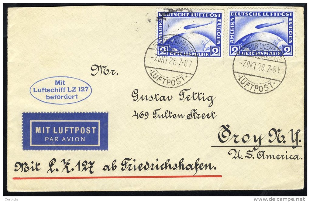 1928 Europe - North America Flight Cover Flown From Friedrichshafen To New York, Franked Pair Of 2rm Zeppelins (SG.444), - Autres & Non Classés
