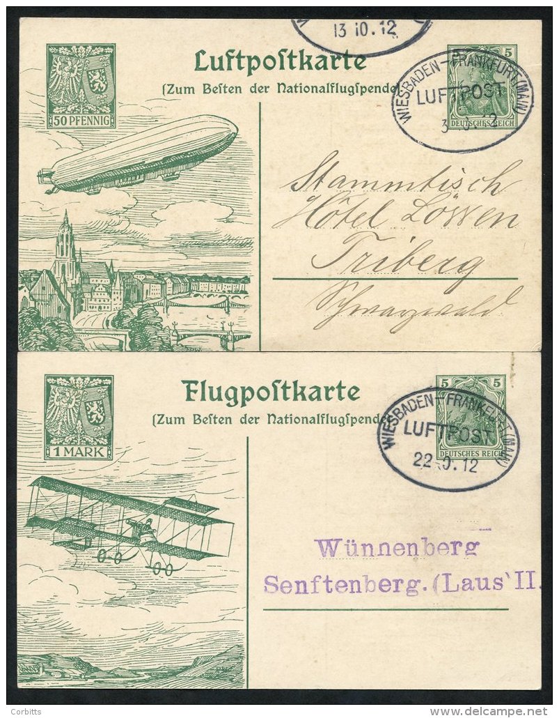 1912 Oct 13th &amp; 22nd - Two Private Stationery 5pf Cards Flown Wiesbaden - Frankfurt (Main) Airship LZII (Victoria Lu - Autres & Non Classés