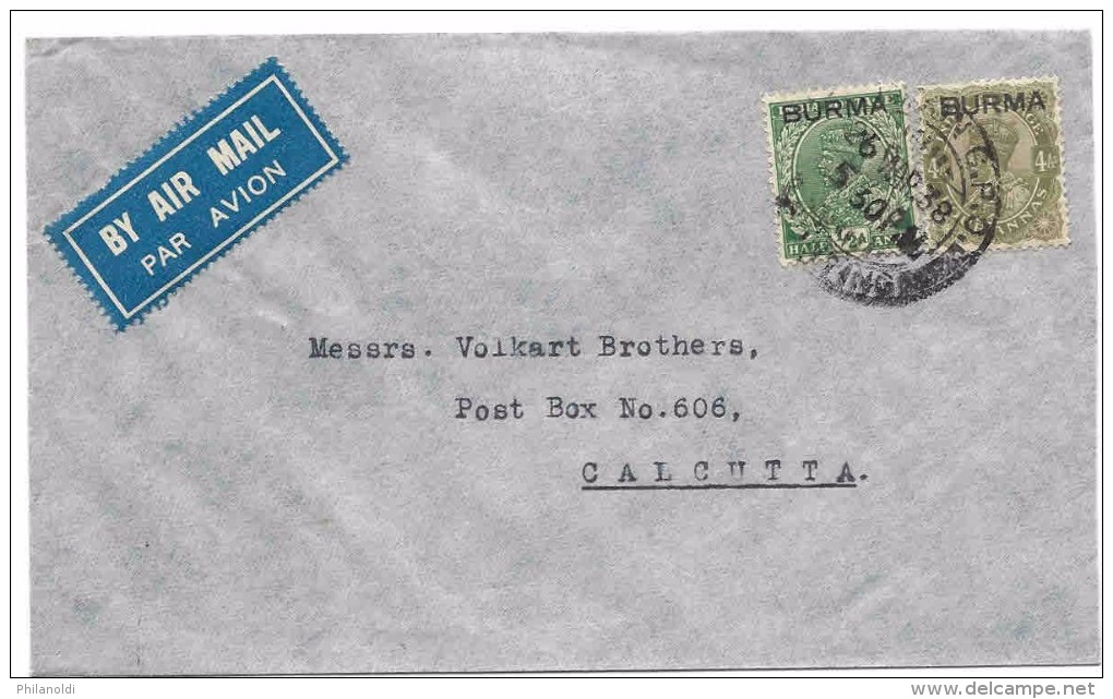 BURMA BIRMANIE, 2 King Overprinted Stamps BURMA 1938, Air Mail Cover To CALCUTTA INDIA - Burma (...-1947)