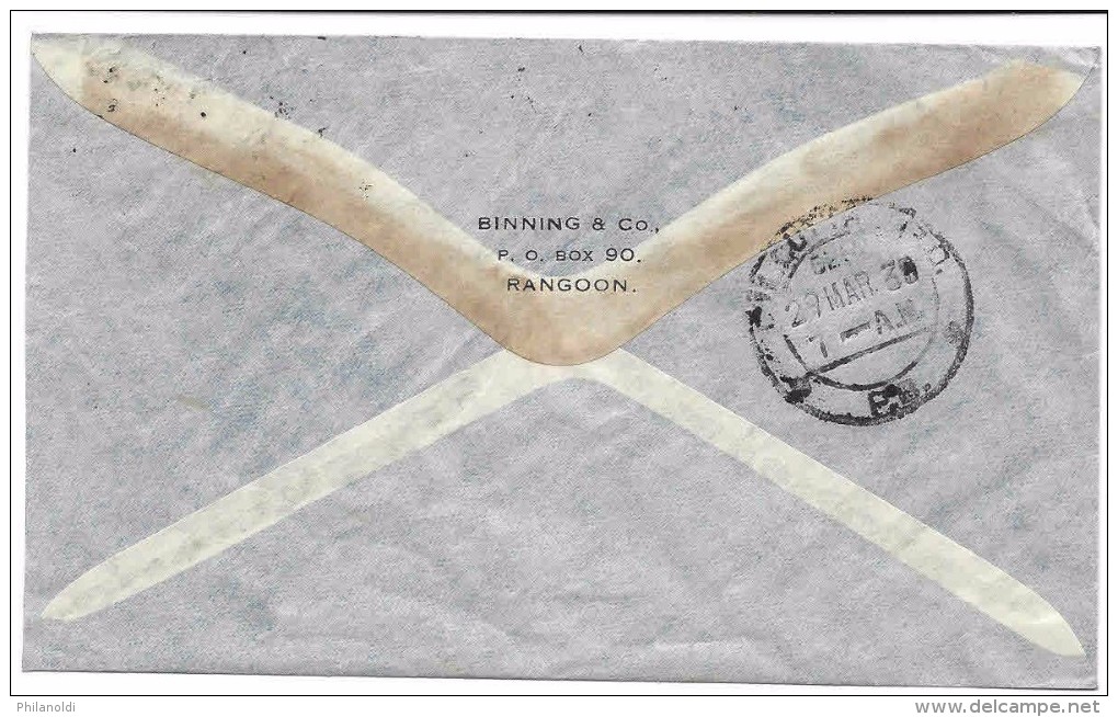 BURMA BIRMANIE, 2 King Overprinted Stamps BURMA 1938, Air Mail Cover To CALCUTTA INDIA - Burma (...-1947)