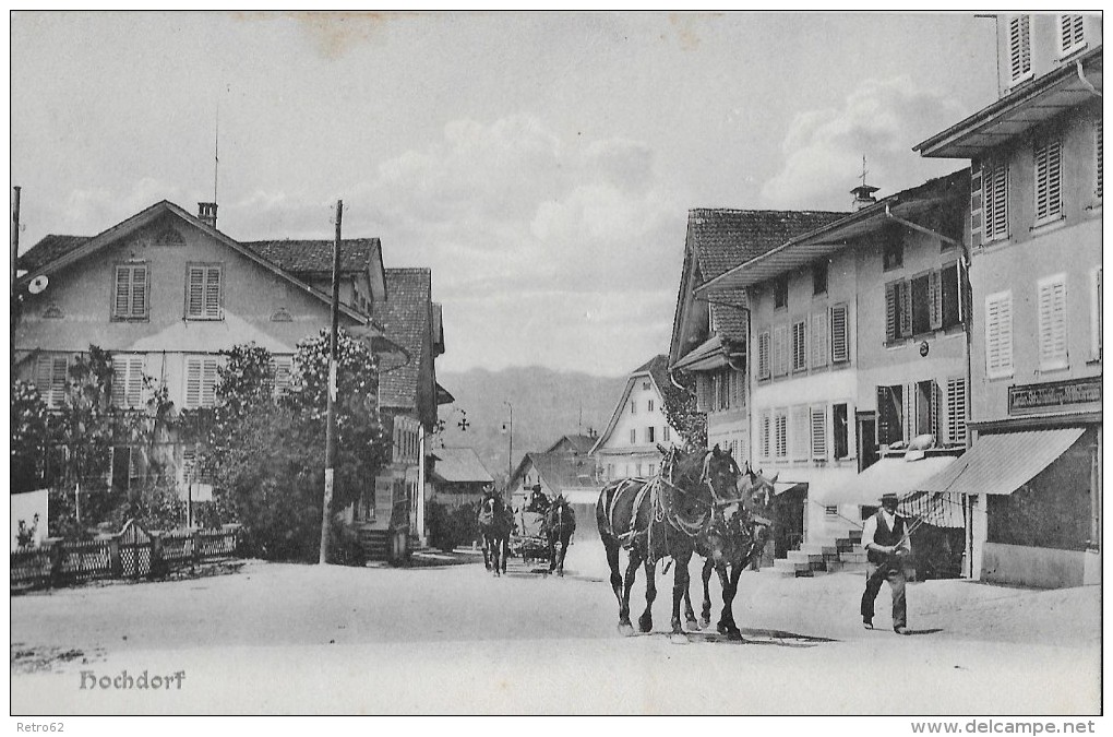 HOCHDORF &#8594; Dorfstrasse Mit Fuhrwerk Und Bauer Mit Pferden - Hochdorf