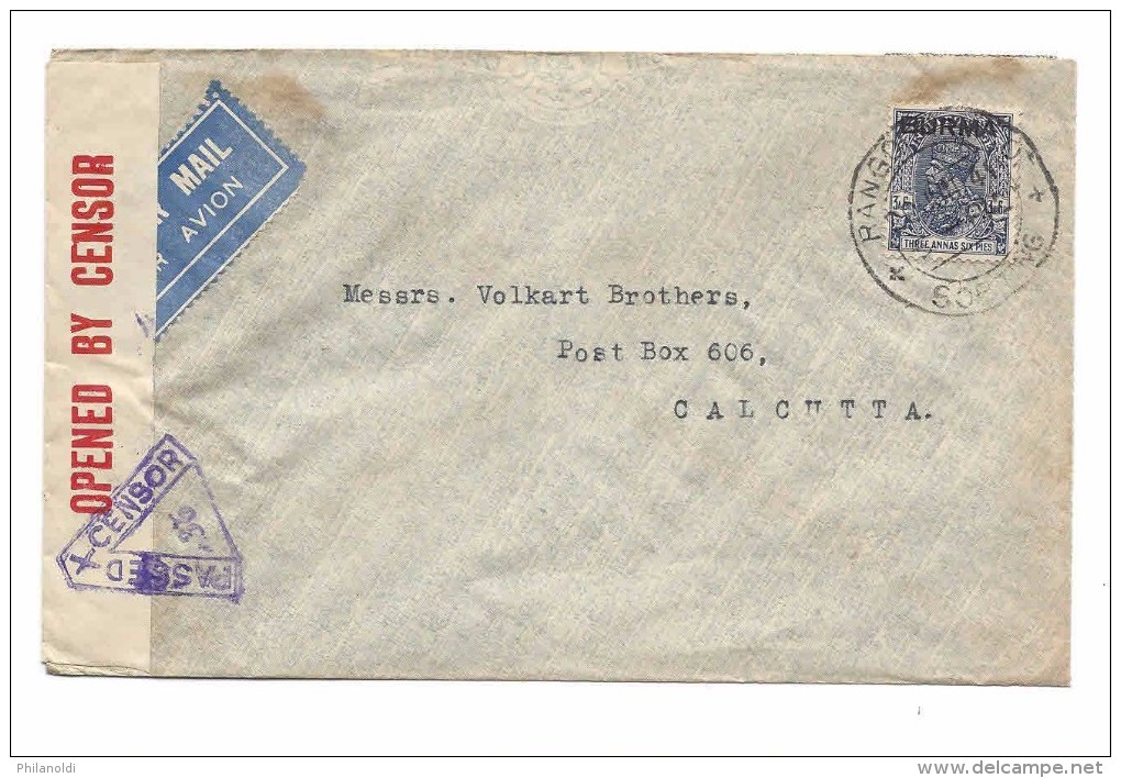 BURMA BIRMANIE, 1941 King 3A 6 P Overprinted Stamp BURMA Air Mail Cover To CALCUTTA INDIA, Censor, Censure - Birmanie (...-1947)