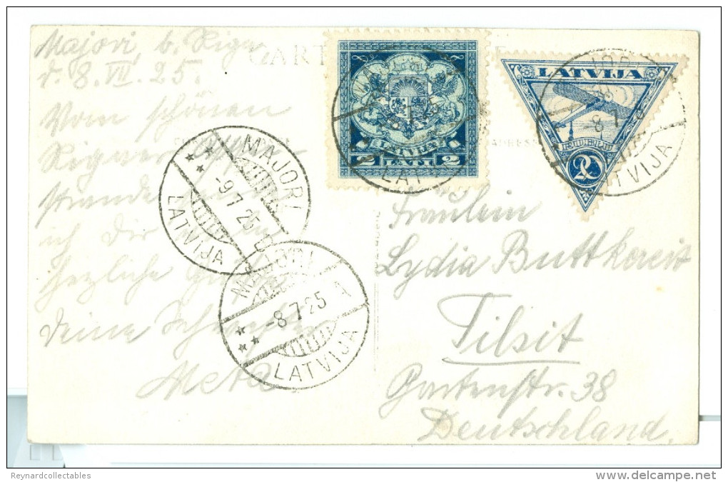 1925 Latvia Riga Waterfront Pc Used Majori Barred Cds Postmarks To Germany. Great Seal 2L & 20R Triangular Air - Lettonie