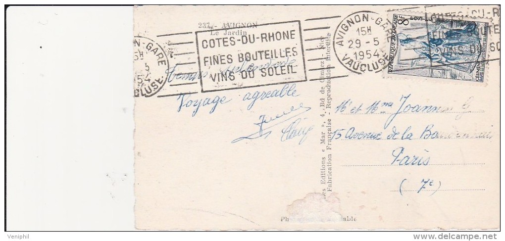 CARTE POSTALE OBLITERATION FLAMME - COTE DU RHONE -FINES BOUTEILLES -VINS DU SOLEIL -ANNEE 1954 - Mechanical Postmarks (Advertisement)