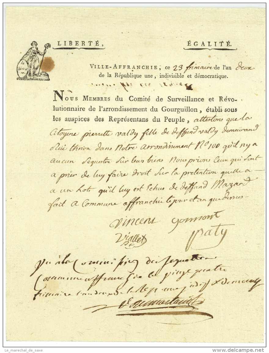 Revolution - VILLE-AFFRANCHIE - Lyon 1793 - Arr. Du Gourguillon  - Comite De Surveillance - Terreur - Historische Dokumente