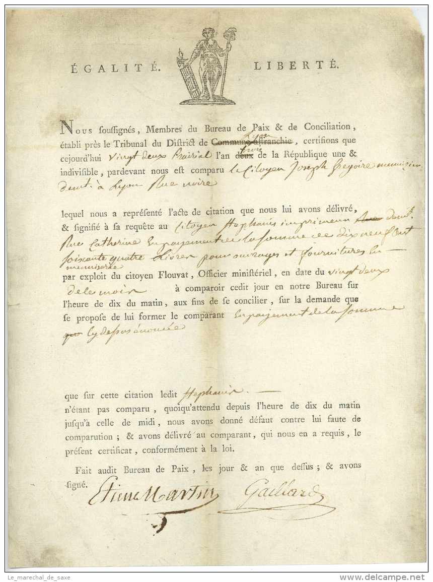 Revolution - COMMUNE-AFFRANCHIE 1795 - Nom Revolutionnaire De Lyon - Bureau De Paix Et Conciliation - Historical Documents