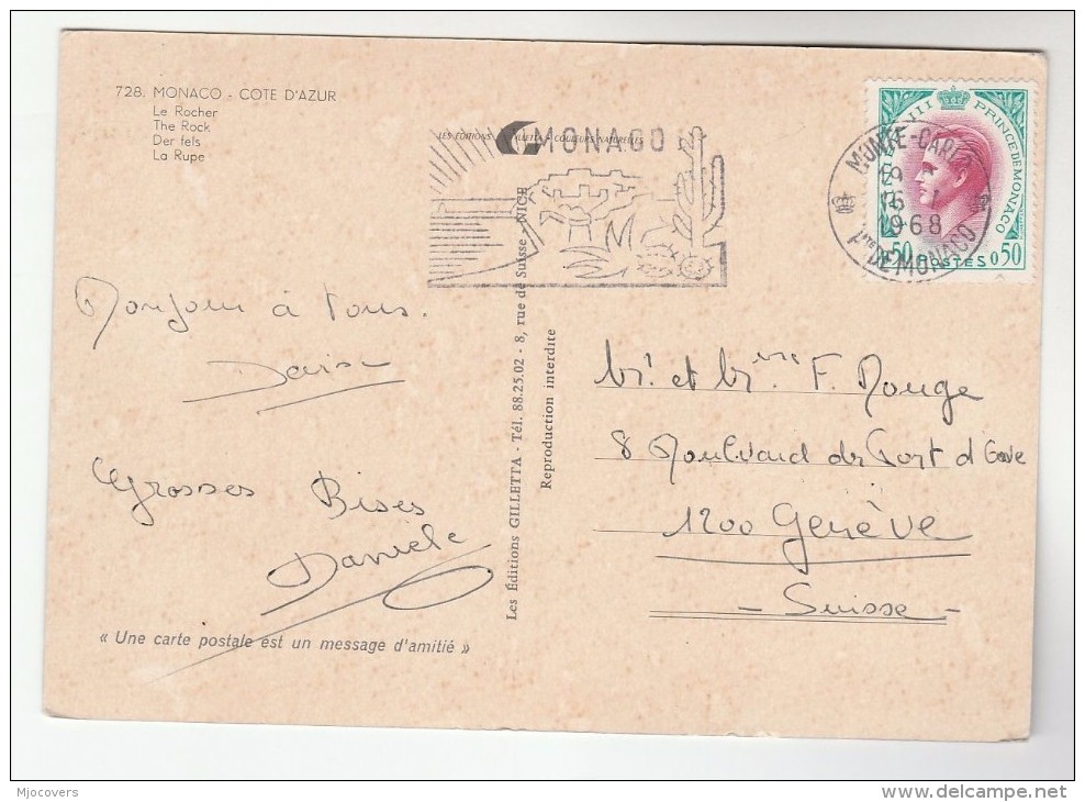 1968 MONACO Stamps COVER (postcard) SLOGAN Pmk Illus CATCUS Cacti To Switzerland - Cactusses