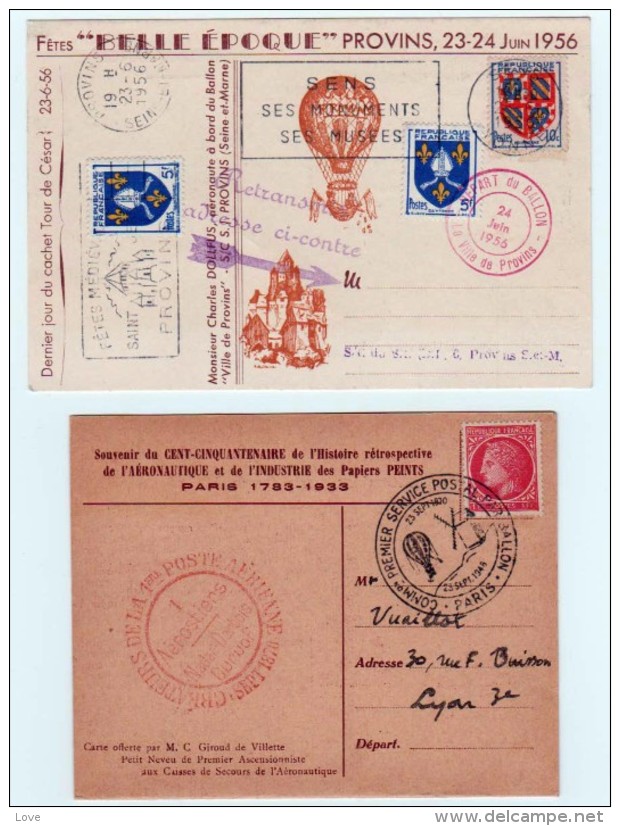 FRANCE: Lot De 3 Cartes Voyagées Par Ballon 1946/56 - 1927-1959 Lettres & Documents