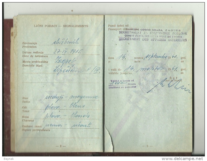 F.N.R.90  -  F. N. R.   YUGOSLAVIA  ---    PASSPORT  --  1960  --  17 X VISA  AUSTRIA, DEUTSCHLAND, ITALIA  - TAX STAMP - Historische Dokumente