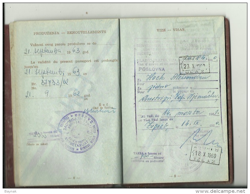 F.N.R.90  -  F. N. R.   YUGOSLAVIA  ---    PASSPORT  --  1960  --  17 X VISA  AUSTRIA, DEUTSCHLAND, ITALIA  - TAX STAMP - Historische Dokumente