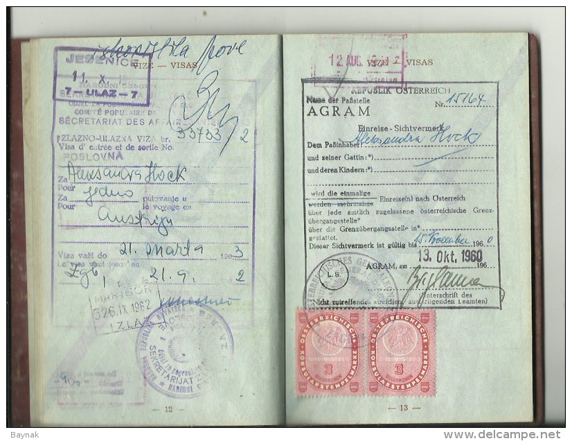 F.N.R.90  -  F. N. R.   YUGOSLAVIA  ---    PASSPORT  --  1960  --  17 X VISA  AUSTRIA, DEUTSCHLAND, ITALIA  - TAX STAMP