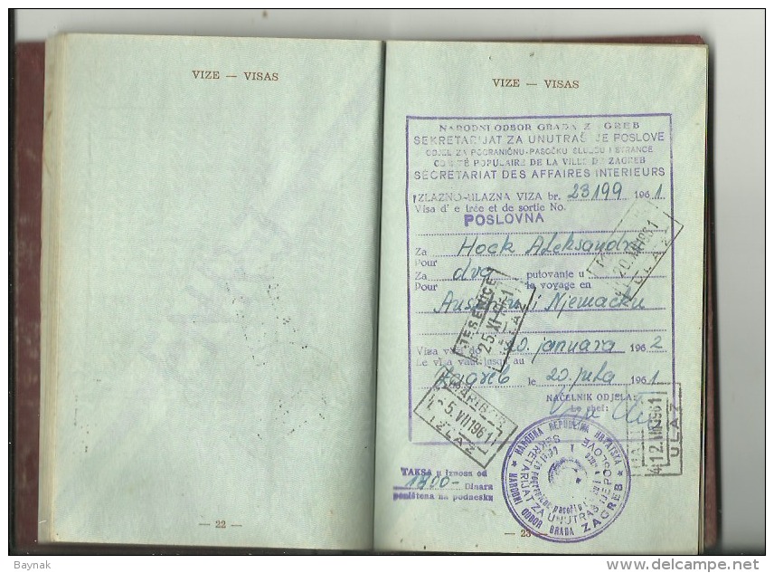 F.N.R.90  -  F. N. R.   YUGOSLAVIA  ---    PASSPORT  --  1960  --  17 X VISA  AUSTRIA, DEUTSCHLAND, ITALIA  - TAX STAMP