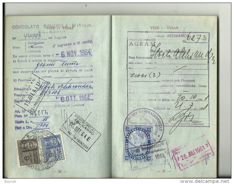 F.N.R.90  -  F. N. R.   YUGOSLAVIA  ---    PASSPORT  --  1960  --  17 X VISA  AUSTRIA, DEUTSCHLAND, ITALIA  - TAX STAMP