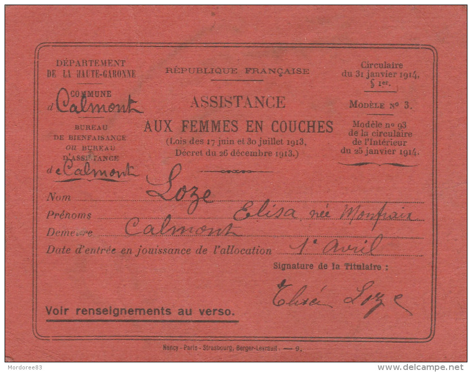 CARTE ASSISTANCE AUX FEMMES EN COUCHES DEPT HAUTE GARONNE CALMONT 1920     TDA109 - Other & Unclassified