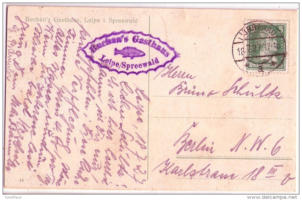 LEIPE Spreewald Buchans Gasthaus Color Gartenbetrieb Stak Kahn Gummistempel 18.7.1927 Gelaufen - Burg (Spreewald)