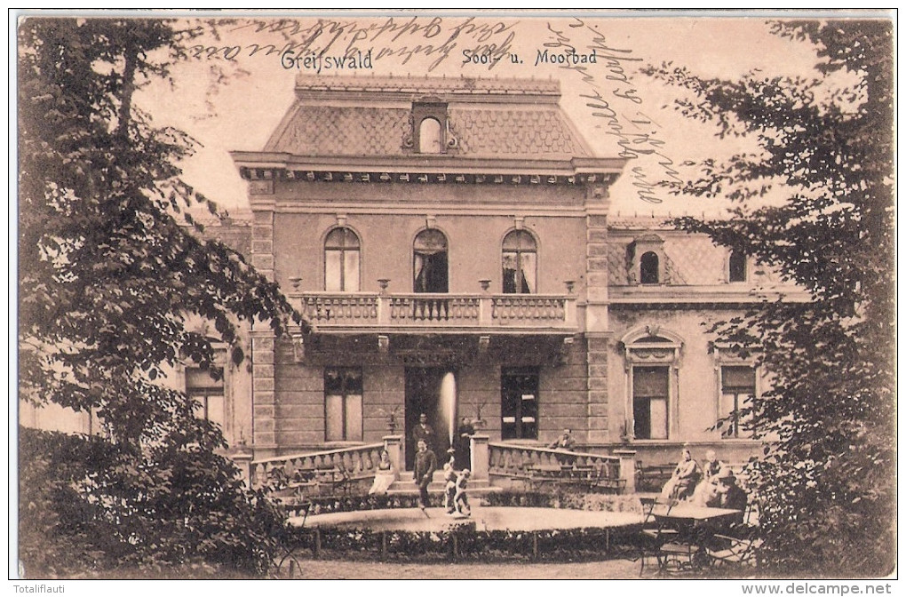 GREIFSWALD Sool Und Moorbad Gartenansicht Mit Skulptur Belebt 30.4.1906 Gelaufen - Greifswald