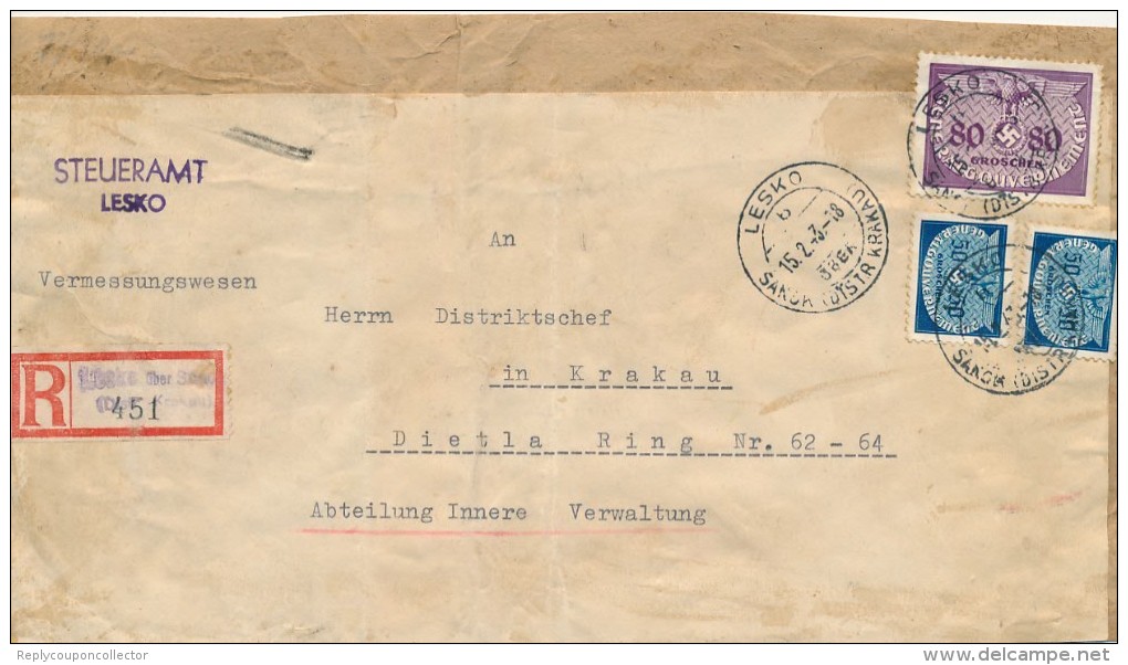 LESKO  - 1943,  R-Paketaufkleber  Vom Steueramt Nach Krakau     -  Big Letter, Dispatch  = 4,20 EURO - Besetzungen 1938-45