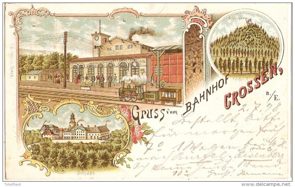 Gruss Vom Bahnhof CROSSEN An Der Elster Zug Dampflok Color Litho 2.7.1898 Bahnpost LEIPZIG - SAALFELD ZUG 336 - Schkölen