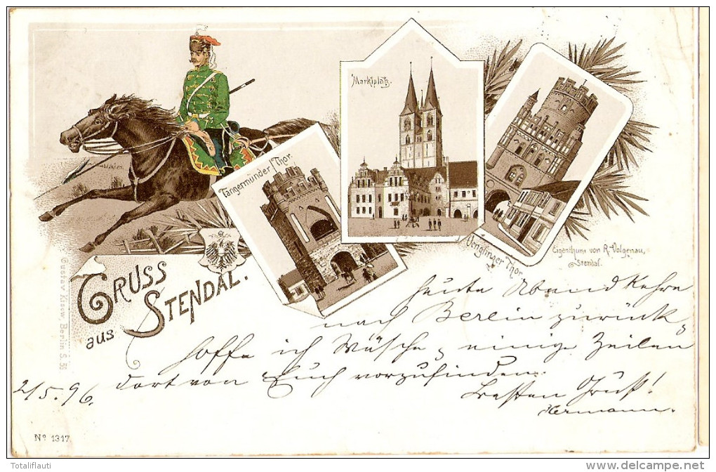 Gruss Aus STENDAL Magdeburg Ische Husaren Braun Litho Vorläufer 2.5.1896 Gelaufen - Stendal
